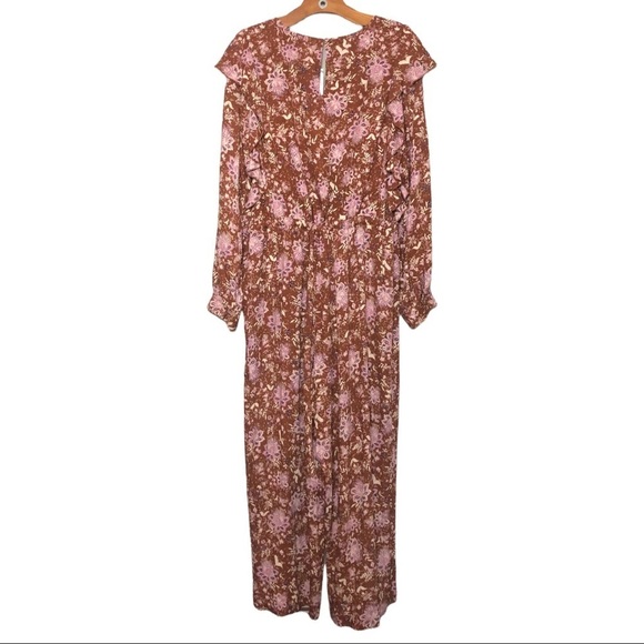 NWT - FREE People Women’s Lux Brown Pink Floral Long Sleeve Ruffle Jumpsuit - Picture 2 of 12